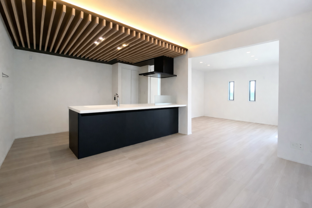 家事ラク動線と天井ルーバーがある19帖LDKの家_LDK写真